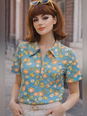 70s Light Blue Floral Top